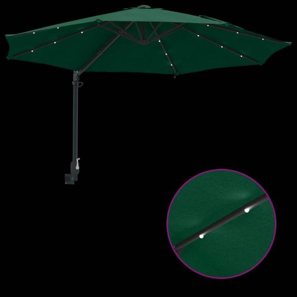 Wandmontierter Gartenparasol mit LEDs Grün 248 cm