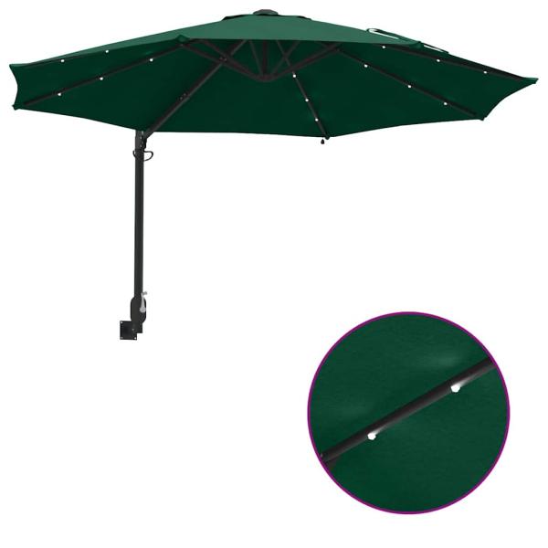 Wandmontierter Gartenparasol mit LEDs Grün 248 cm