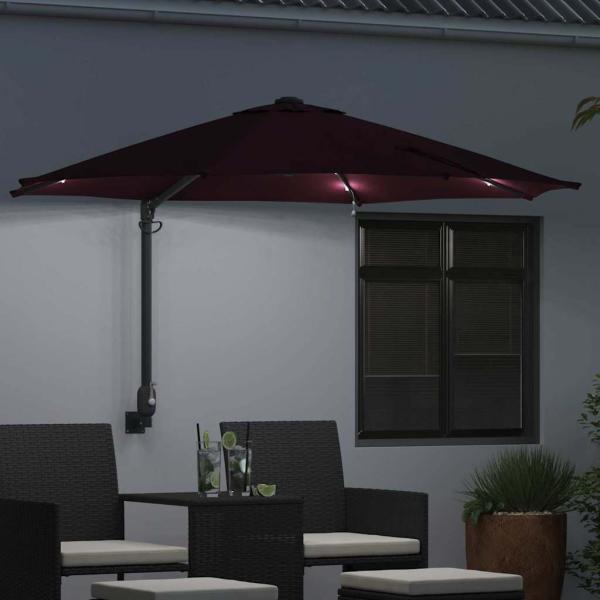 Wandmontierter Gartenparasol mit LEDs Bordeaux rot 248 cm