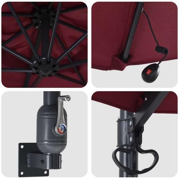 Wandmontierter Gartenparasol mit LEDs Bordeaux rot 248 cm