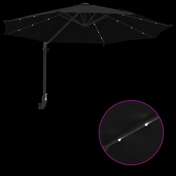 Wandmontierter Gartenparasol mit LEDs Schwarz 248 cm