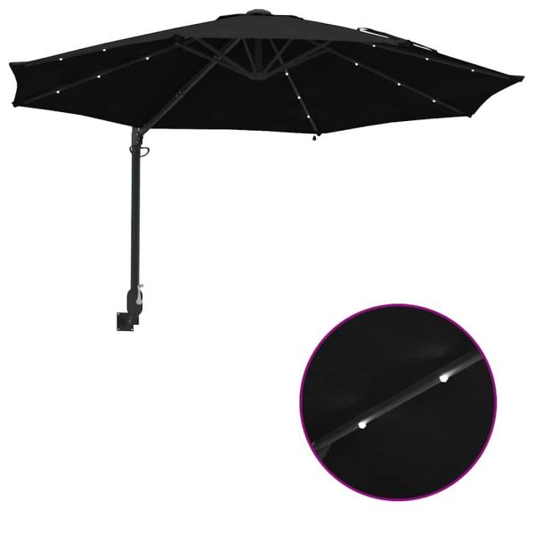 Wandmontierter Gartenparasol mit LEDs Schwarz 248 cm