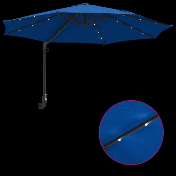 Wandmontierter Gartenparasol mit LEDs Azurblau 248 cm