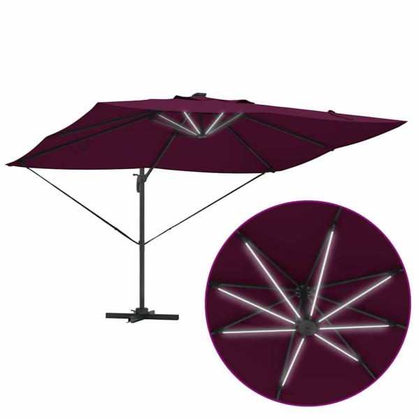 Freischwingender Roma Sonnenschirm mit LEDs Bordeaux Rot 352x251x265 cm Aluminium