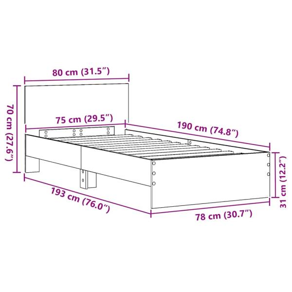 Bettgestell ohne Matratze mit Kopfteil Altes Holz 75x190 cm