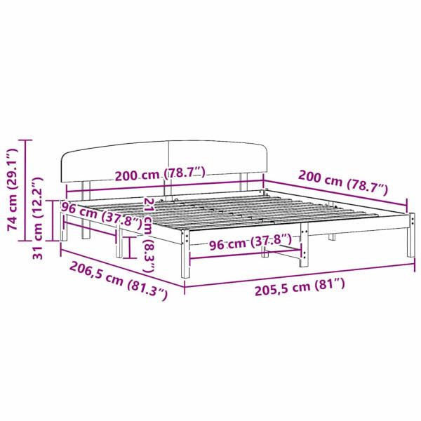 Bettgestell mit Kopfteil in gewachstem Braun 200x200 cm aus massivem Kiefernholz