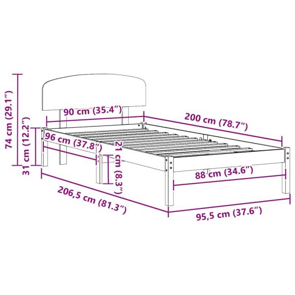 Bettgestell mit Kopfteil 90x200 cm aus massivem Kieferholz