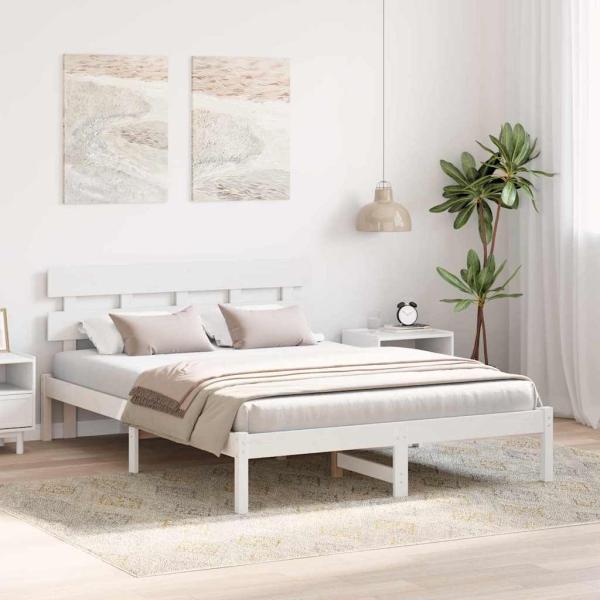 Bettgestell mit Kopfteil Weiß 150x200 cm Massivholz Kiefer