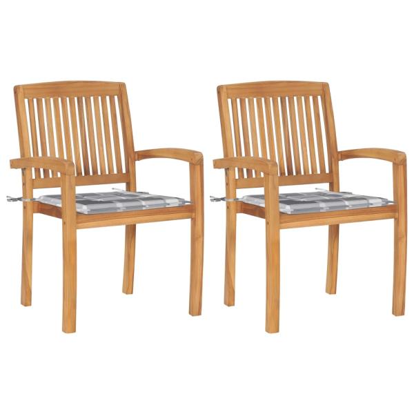 ARDEBO.de - Gartenstühle 2 Stk. Graue Karomuster Kissen Massivholz Teak