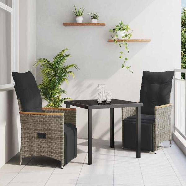 ARDEBO.de - 3-teiliges Garten-Ess-Set mit Kissen Grau Poly-Rattan