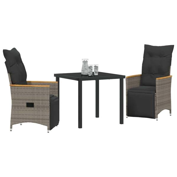 3-teiliges Garten-Ess-Set mit Kissen Grau Poly-Rattan