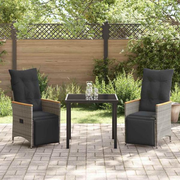 3-teiliges Garten-Ess-Set mit Kissen Grau Poly-Rattan