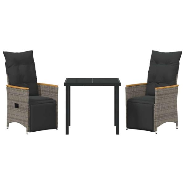3-teiliges Garten-Ess-Set mit Kissen Grau Poly-Rattan