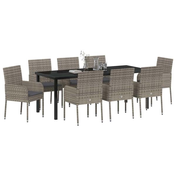 9-teiliges Garten-Dining-Set mit Kissen Grau Poly-Rattan