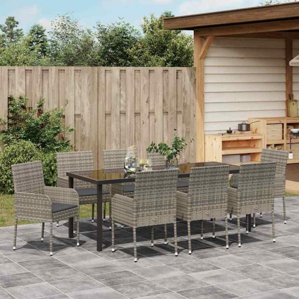 9-teiliges Garten-Dining-Set mit Kissen Grau Poly-Rattan