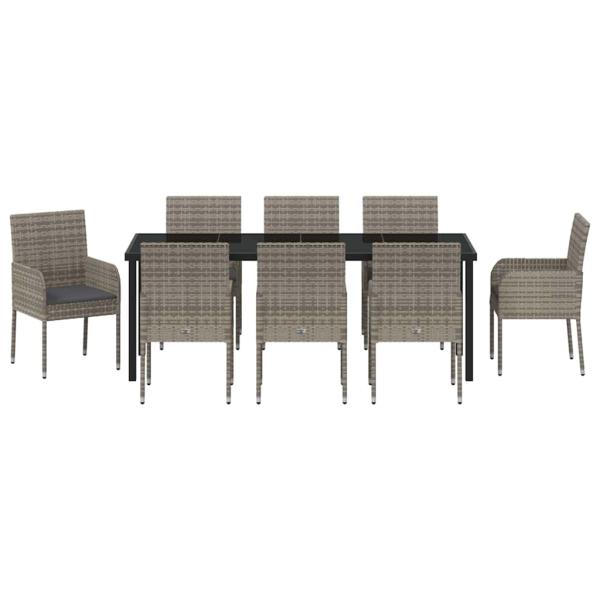 9-teiliges Garten-Dining-Set mit Kissen Grau Poly-Rattan