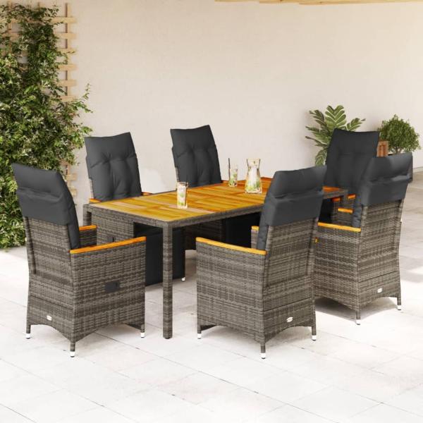 ARDEBO.de - 7-tlg. Garten-Bistro-Set mit Kissen Grau Poly Rattan