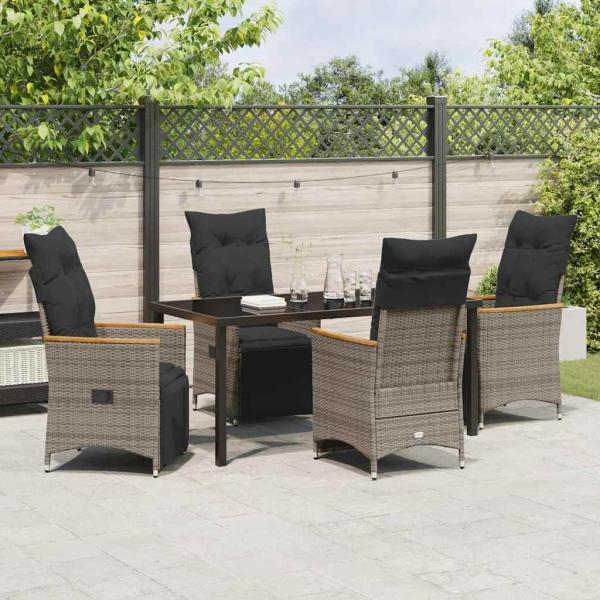 5-teiliges Garten-Dining-Set mit Kissen Grau Poly-Rattan