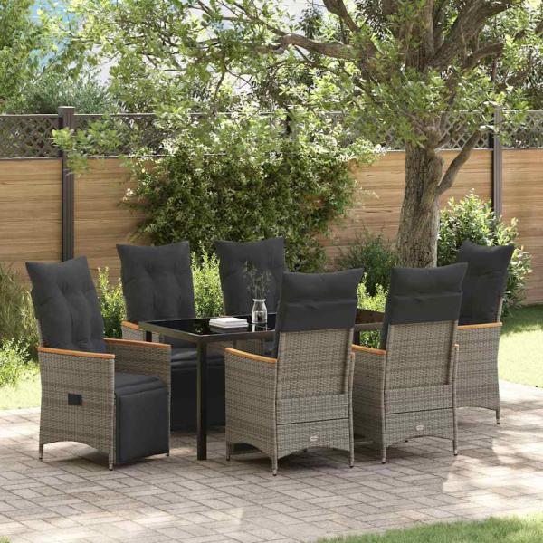 ARDEBO.de - 7-teiliges Garten-Dining-Set mit Kissen Grau Poly-Rattan