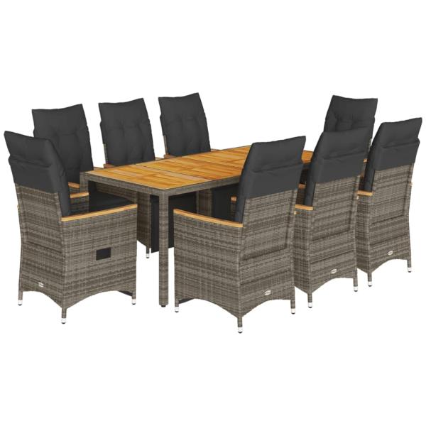 9-tlg. Garten-Bistro-Set mit Kissen Grau Poly Rattan