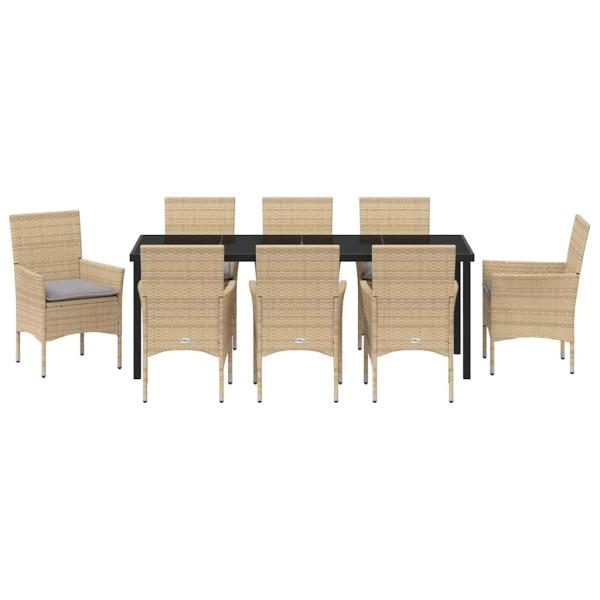 9-teilige Garten-Essgruppe mit Kissen Beige Poly-Rattan, Gartentisch Schwarz 200x80x73 cm Gehärtetes Glas