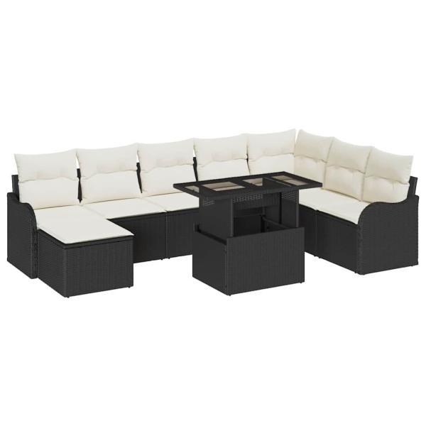 9-teiliges Garten Sofa Set mit Kissen Schwarz Poly Rattan, 2-Sitzer Garten Sofa mit Kissen Schwarz Poly Rattan