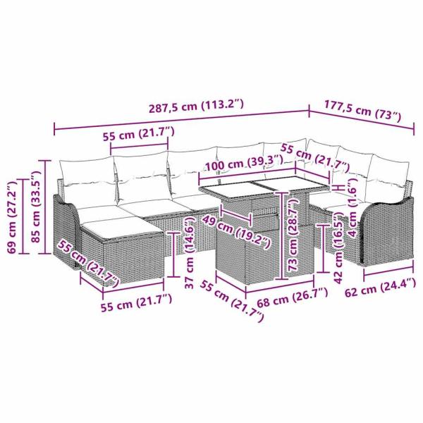 9-teiliges Garten Sofa Set mit Kissen Schwarz Poly Rattan, 2-Sitzer Garten Sofa mit Kissen Schwarz Poly Rattan