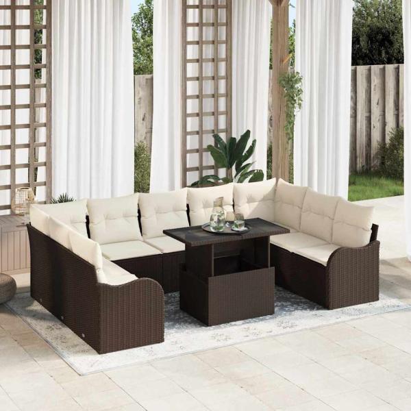 ARDEBO.de - 10-teiliges Garten-Sofa-Set mit Kissen in Braun und Creme, 2-Sitzer Garten-Sofa mit Kissen in Braun