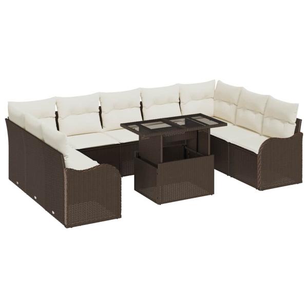 10-teiliges Garten-Sofa-Set mit Kissen in Braun und Creme, 2-Sitzer Garten-Sofa mit Kissen in Braun