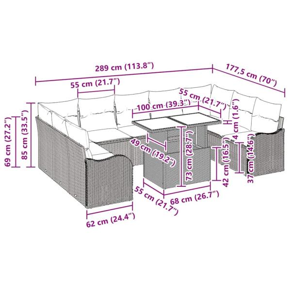10-teiliges Garten-Sofa-Set mit Kissen in Braun und Creme, 2-Sitzer Garten-Sofa mit Kissen in Braun