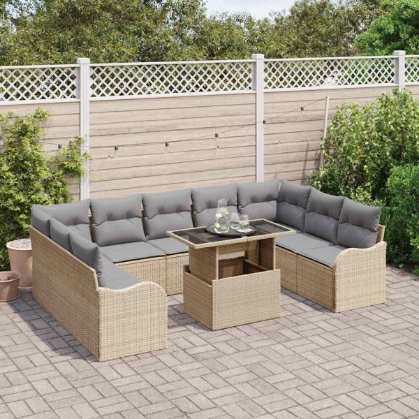 10-teilige Garten Sofa Set mit Kissen Beige Poly Rattan, 2-Sitzer Garten Sofa mit Kissen Beige Poly Rattan