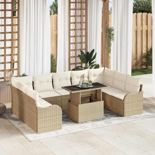 ARDEBO.de - 10-teilige Garten Sofa Set mit Kissen Beige Poly Rattan, 2-Sitzer Garten Sofa mit Kissen Beige Poly Rattan