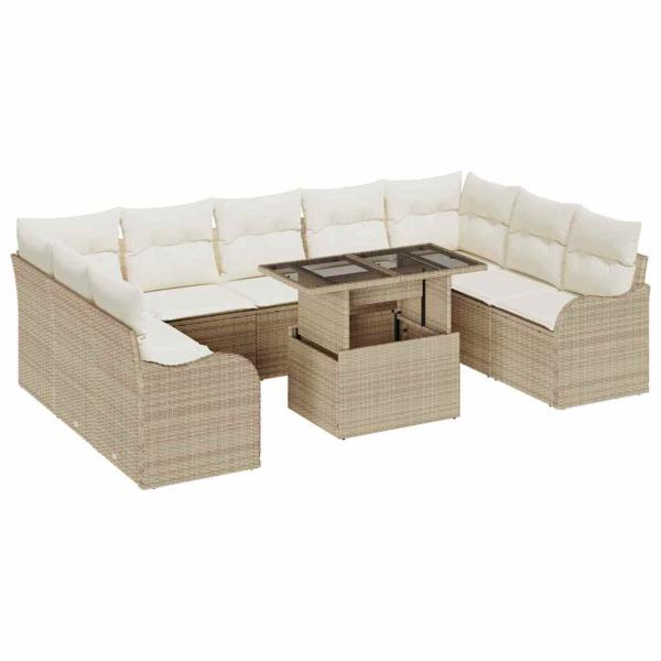 10-teilige Garten Sofa Set mit Kissen Beige Poly Rattan, 2-Sitzer Garten Sofa mit Kissen Beige Poly Rattan