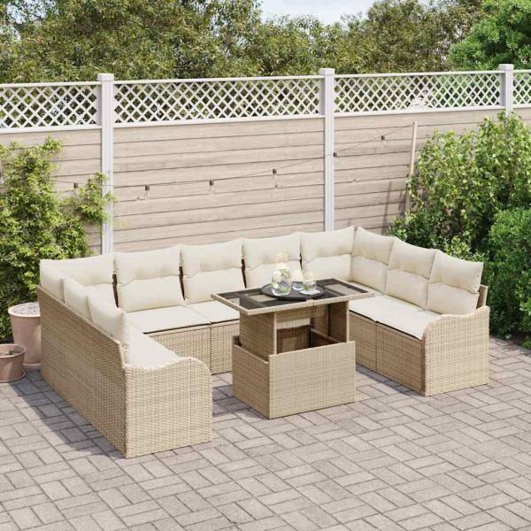 10-teilige Garten Sofa Set mit Kissen Beige Poly Rattan, 2-Sitzer Garten Sofa mit Kissen Beige Poly Rattan