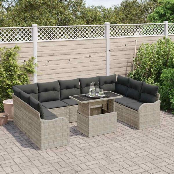 10-teiliges Garten Sofa Set mit Kissen Hellgrau Poly Rattan, 2-Sitzer Garten Sofa mit Kissen Hellgrau Poly Rattan