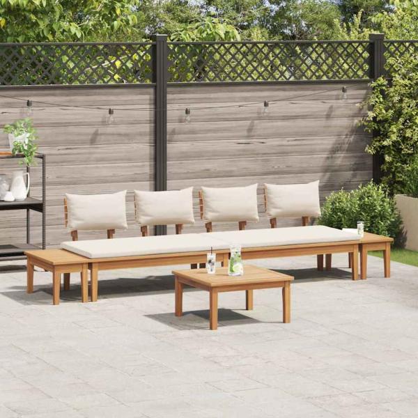 5-teiliges Gartenbank-Set mit Kissen aus massivem Teakholz, 2-teiliges Gartenbank-Set aus massivem Teakholz, Gartentisch 60x60x30 cm aus massivem Teakholz