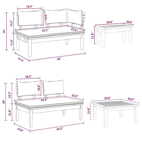 4-teiliges Gartenbank Set mit Kissen aus massivem Teakholz, 2-teiliges Gartenbank Set aus massivem Teakholz