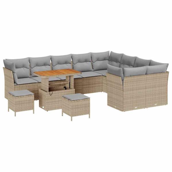 12-teiliges Garten Sofa Set mit Kissen Beige Poly Rattan Akazie, 3-teiliges Garten Ess-Set mit Kissen Beige Poly Rattan Akazie