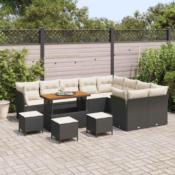 13-teiliges Garten Sofa Set mit Kissen Schwarz Poly Rattan Akazie, 4-teiliges Garten Essenset mit Kissen Schwarz Poly Rattan Akazie