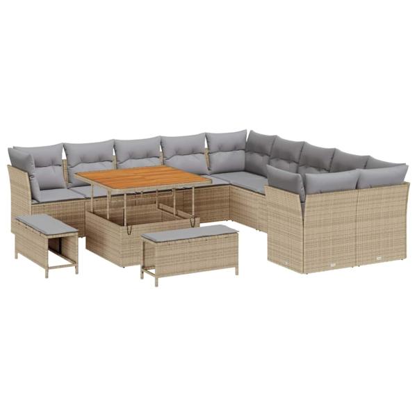 13-teiliges Garten Sofa Set mit Kissen Beige Poly Rattan Akazie, 3-teiliges Garten Esszimmer Set mit Kissen Beige Poly Rattan Akazie