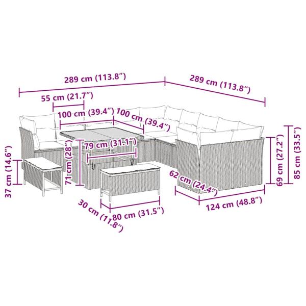 13-teilige Garten Sofaset mit Kissen Grau Poly Rattan Akazie, 3-teiliges Garten Essset mit Kissen Grau Poly Rattan Akazie
