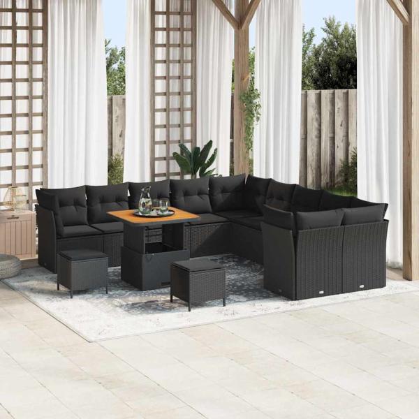 ARDEBO.de - 13-teiliges Garten-Sofa Set mit Kissen Schwarz Poly Rattan Akazie, 3-teiliges Garten Esstisch Set mit Kissen Schwarz Poly Rattan Akazie