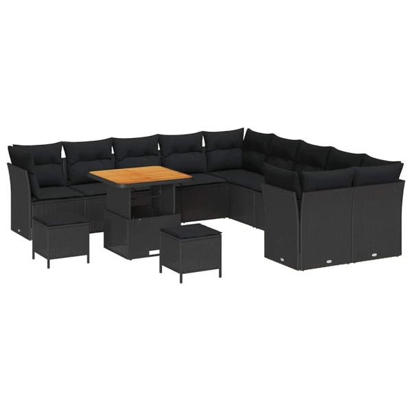 13-teiliges Garten-Sofa Set mit Kissen Schwarz Poly Rattan Akazie, 3-teiliges Garten Esstisch Set mit Kissen Schwarz Poly Rattan Akazie