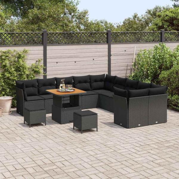 13-teiliges Garten-Sofa Set mit Kissen Schwarz Poly Rattan Akazie, 3-teiliges Garten Esstisch Set mit Kissen Schwarz Poly Rattan Akazie
