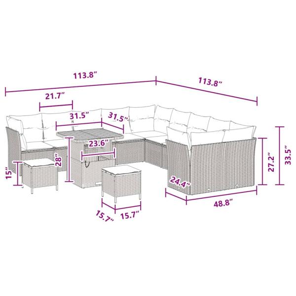 13-teiliges Garten-Sofa Set mit Kissen Schwarz Poly Rattan Akazie, 3-teiliges Garten Esstisch Set mit Kissen Schwarz Poly Rattan Akazie