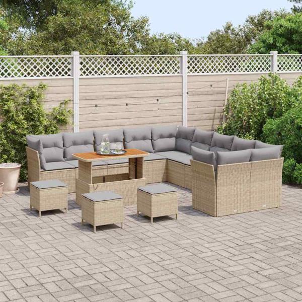 14-teiliges Garten-Sofa-Set mit Kissen Beige Poly Rattan Akazie, 4-teiliges Garten-Ess-Set mit Kissen Beige Poly Rattan Akazie
