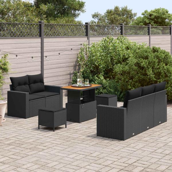 8-teiliges Garten Sofa Set mit Kissen Schwarz Poly-Rattan Akazie, 3-teiliges Garten Esstisch-Set mit Kissen Schwarz Poly-Rattan Akazie