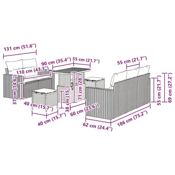 8-teiliges Garten Sofa Set mit Kissen Schwarz Poly Rattan Akazie, 3-teiliges Garten Ess-Set mit Kissen Schwarz Poly Rattan Akazie