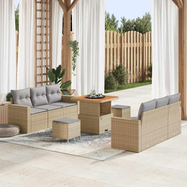 ARDEBO.de - 9-teilige Garten Sofa Set mit Kissen Beige Poly Rattan Akazie, 3-teiliges Garten Esszimmer Set mit Kissen Beige Poly Rattan Akazie