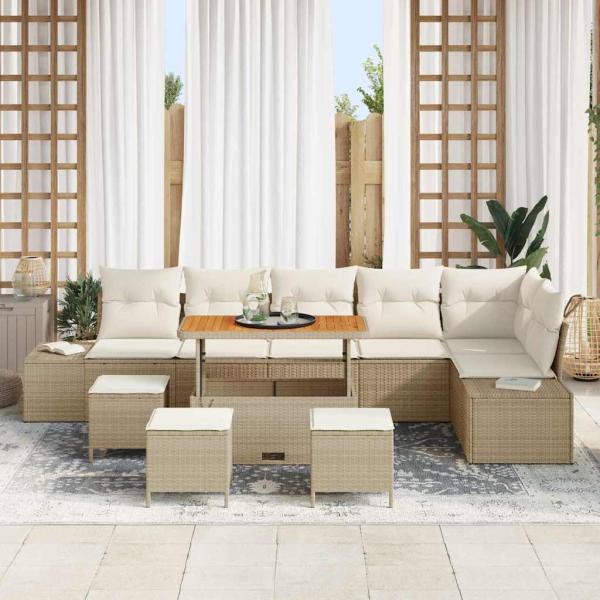 10-teiliges Garten Sofa Set mit Kissen Beige Poly Rattan Akazie, 2-Sitzer Garten Sofa mit Kissen Beige Poly Rattan, 4-teiliges Garten Essenset mit Kissen Beige Poly Rattan Akazie